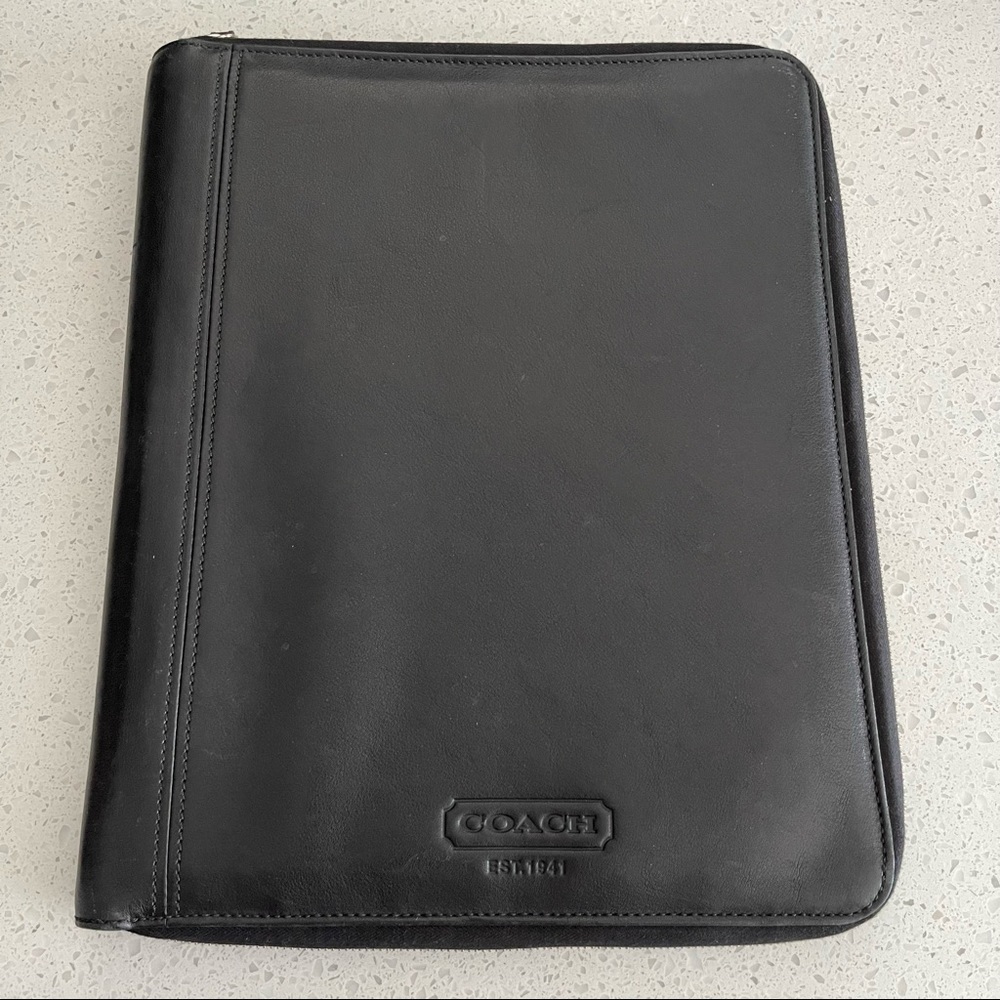 Coach Leather Zippered Portfolio, Black, 11" x 13.25”